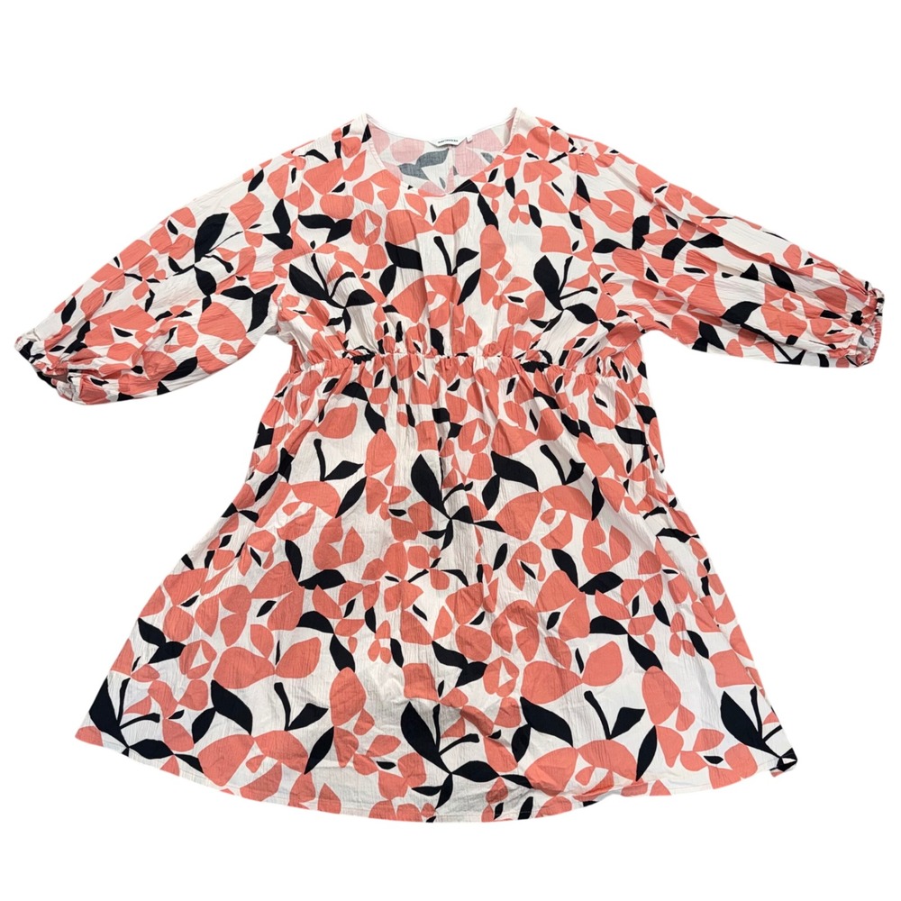 Marimekko Eea Perho Dress Women 44 Coral Black Floral Empire Waist Excellent